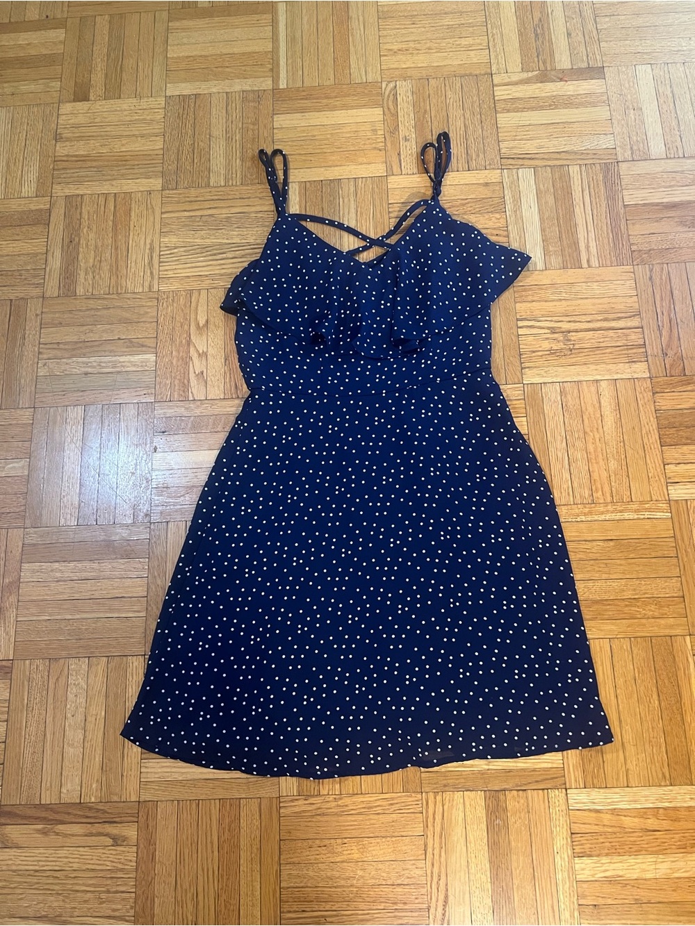 Trend Alert! Three Hearts Navy & White Polka Dot Ruffle Mini Dress size small